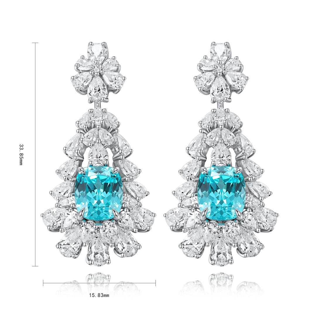 S925 silver stud earrings, secure clasp. Elaborate floral design with blue - green lab - grown diamond, teardrop - like shape