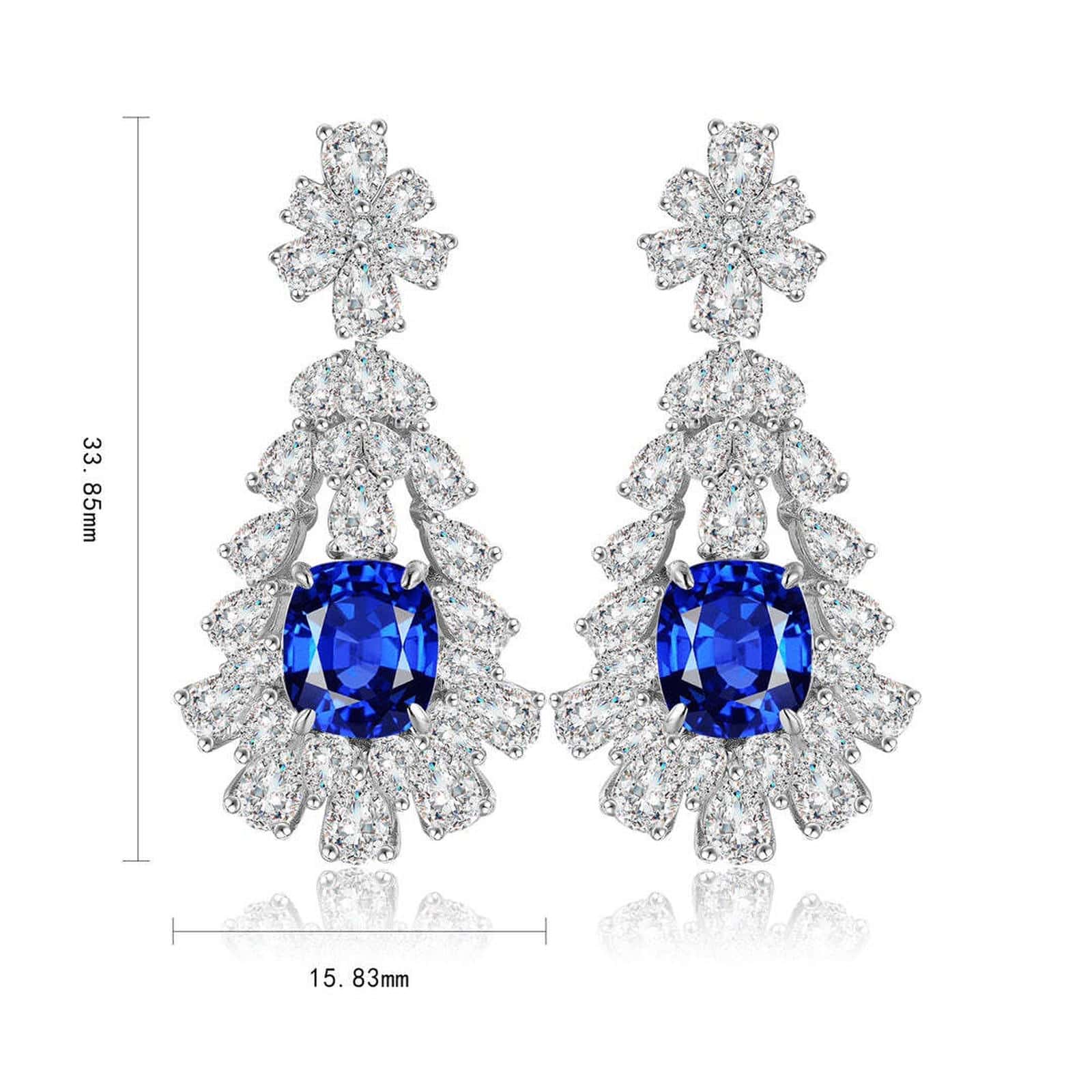 S925 silver stud earrings, reliable clasp. Deep - blue lab - grown diamond in floral design, classic teardrop shape.