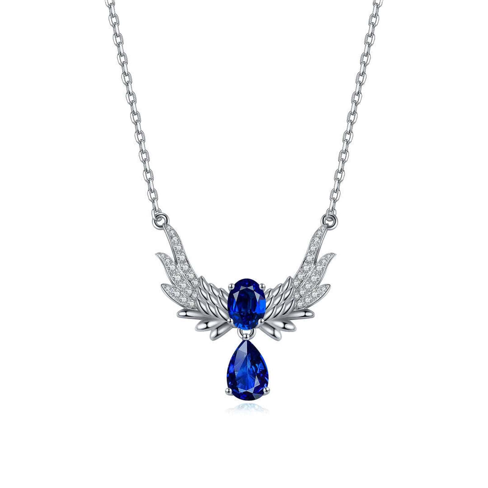The S925 silver chain with a delicate clasp, wing-shaped design with diamonds sets off the sapphire, the teardrop sapphire ha