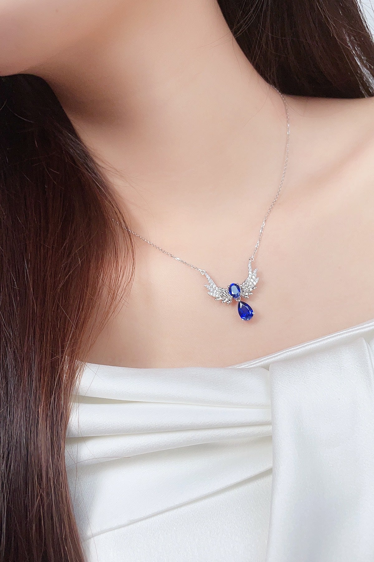 S925 Sterling Silver pendant necklace with Lab-grown Sapphire JSABN022Y | SHANA LUX