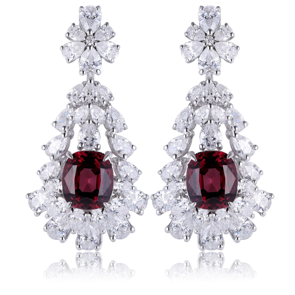 S925 silver stud earrings, fine clasp. Deep - red lab - grown diamond in floral arrangement, striking color, teardrop shape.
