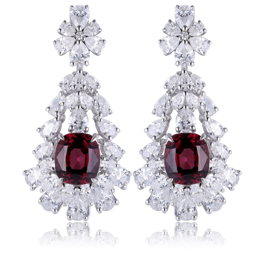 S925 silver stud earrings, fine clasp. Deep - red lab - grown diamond in floral arrangement, striking color, teardrop shape.
