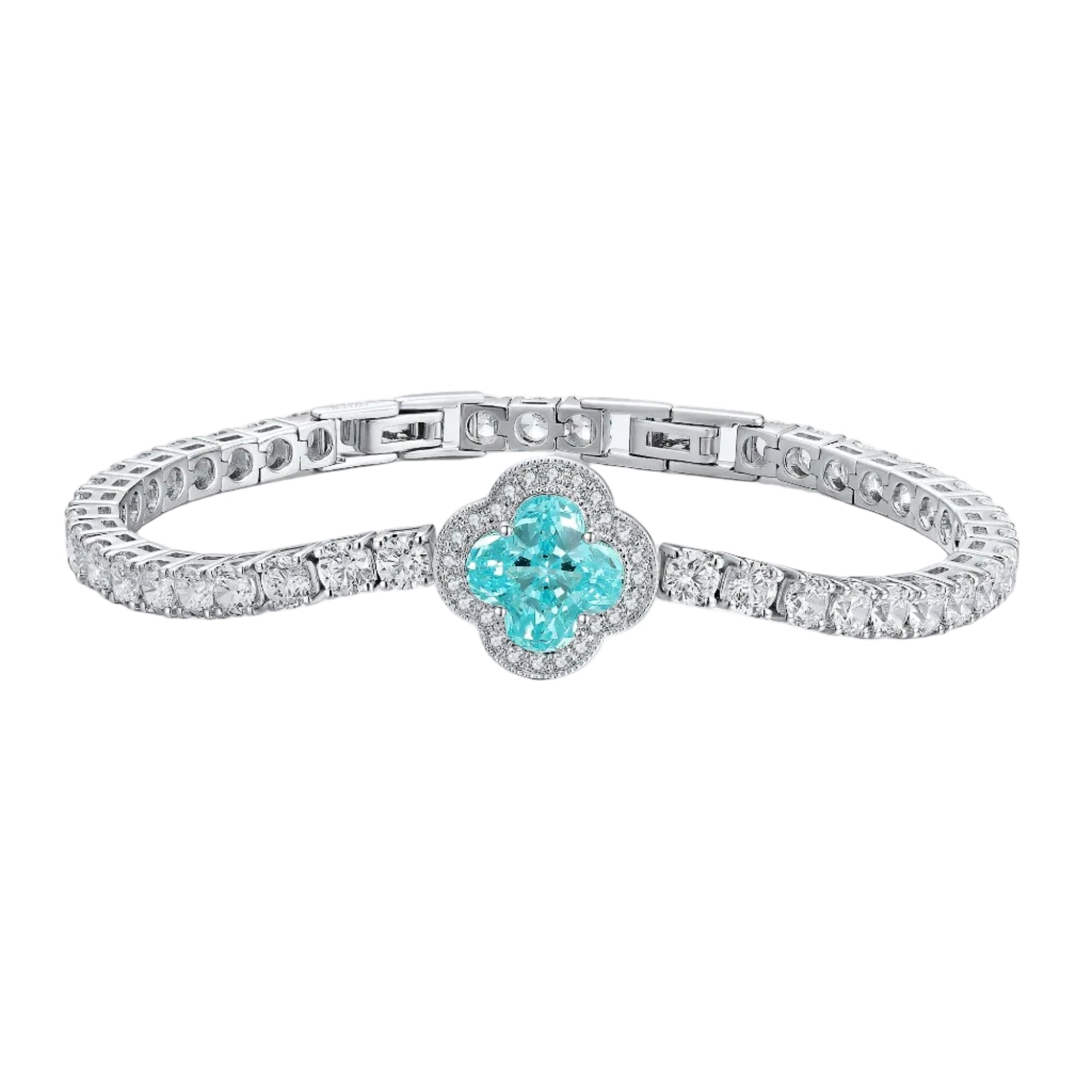 S925 silver bracelet, clasp sturdy. Features a floral design with a blue - green lab - grown diamond center, sparkling and ch
