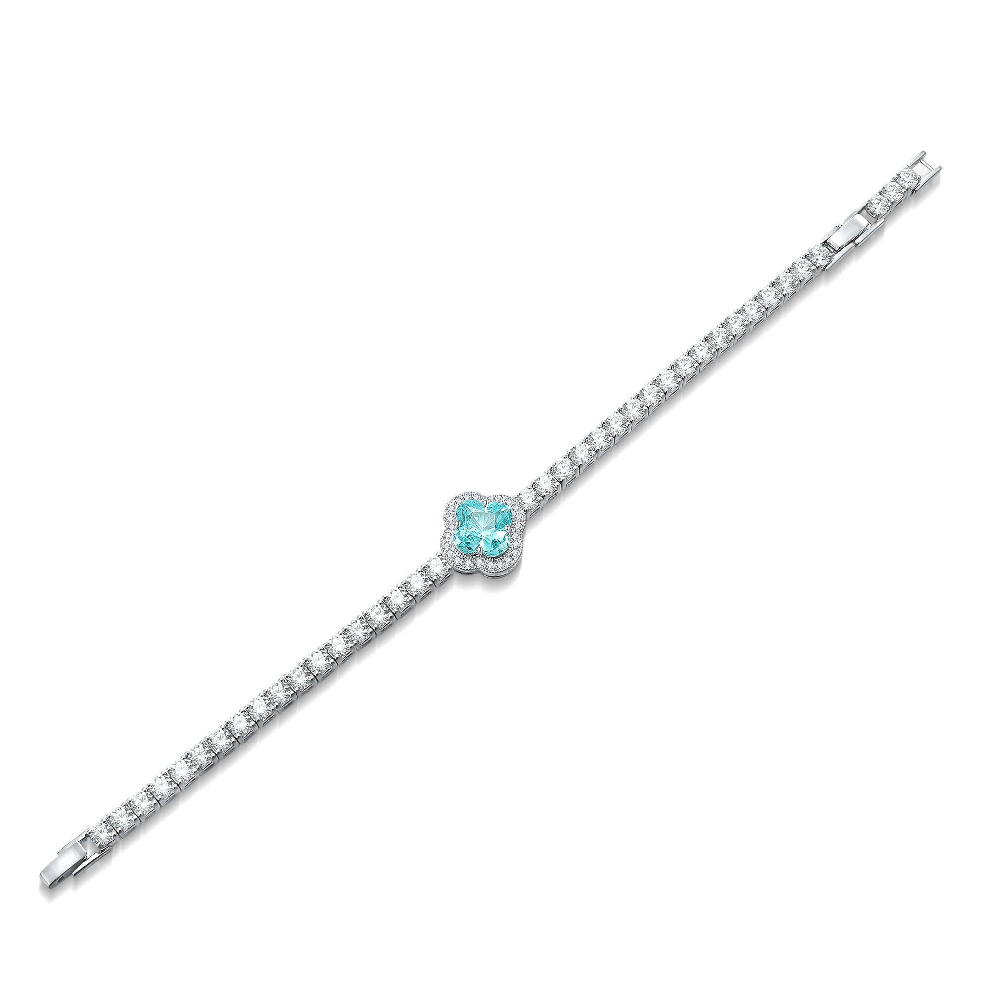 This S925 silver bracelet has a fine clasp. Blue - green lab - grown diamond in a flower form, set among diamonds, beautiful 