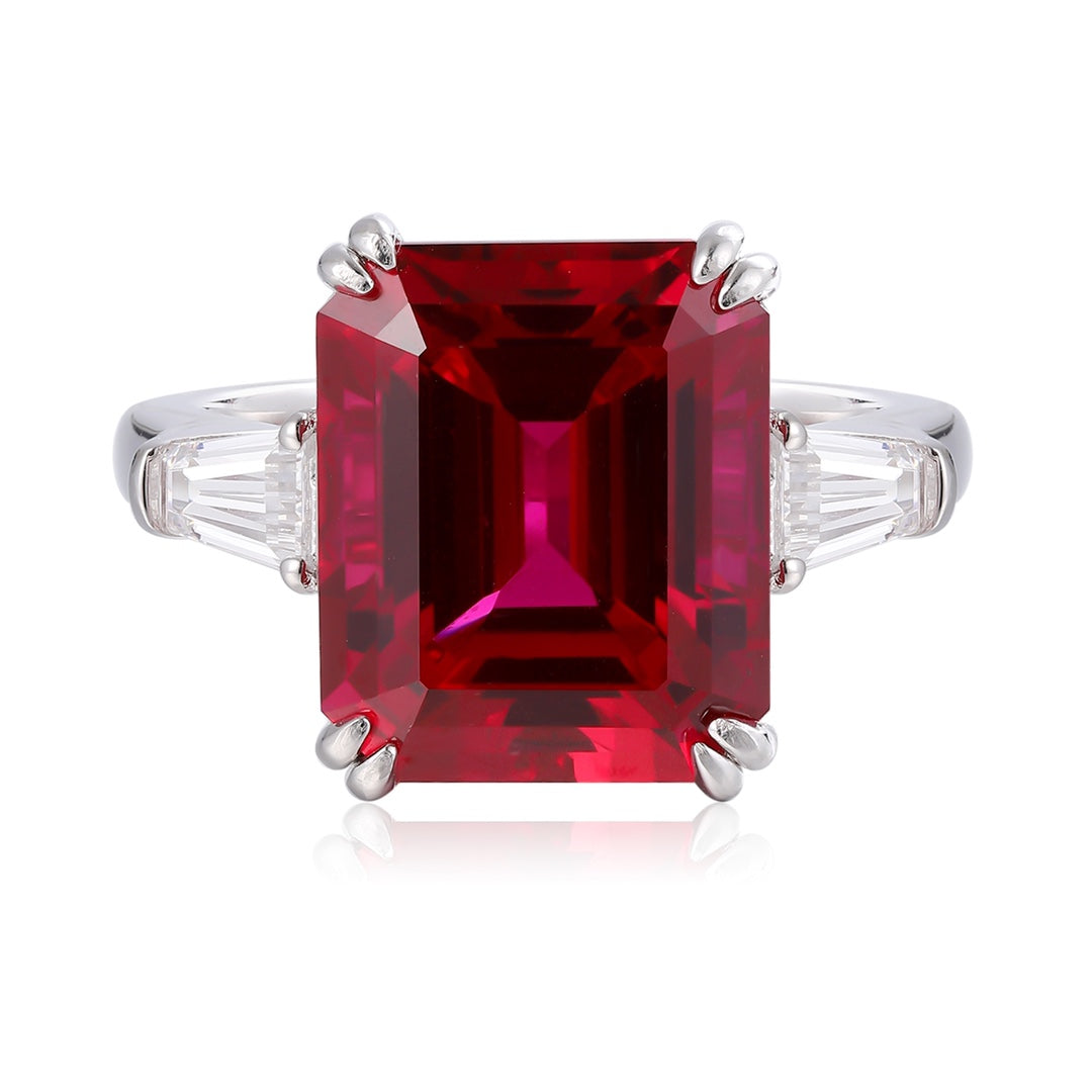 This S925 silver ring with an open - end design has an exquisite claw setting holding a square lab - grown red ruby. It has a