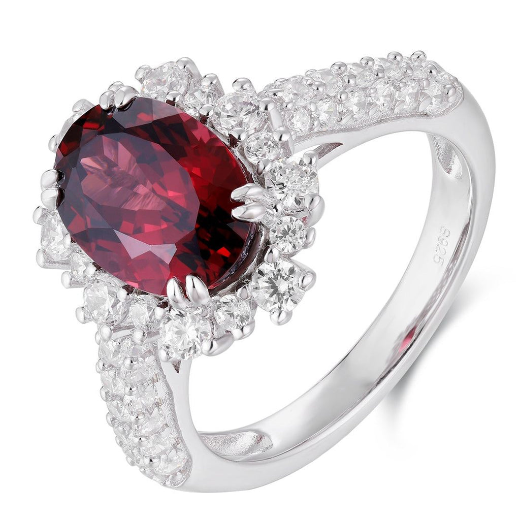 S925 silver ring with opening feature. Features an oval deep - red gem with diamond setting, elegant and handy.