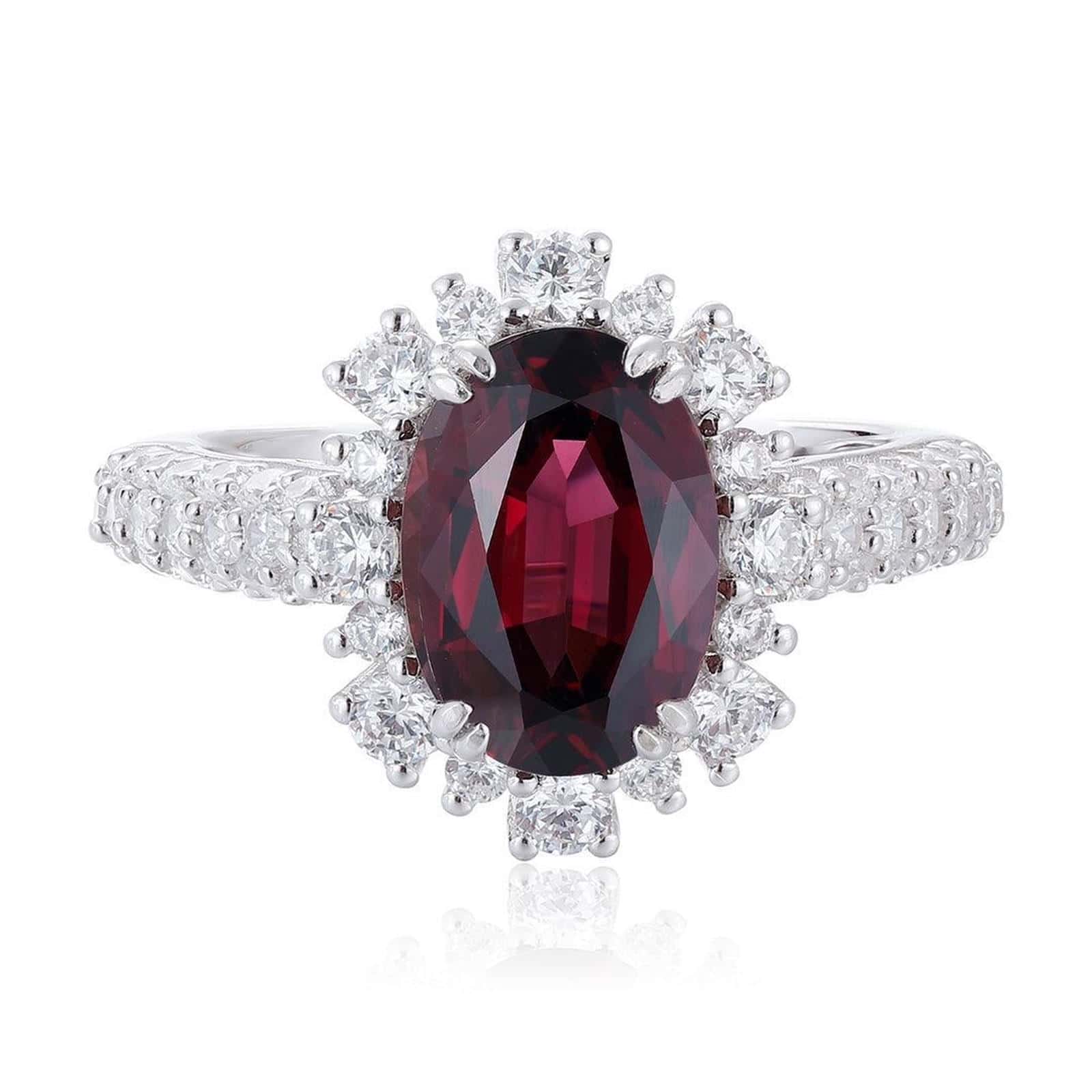 S925 silver ring with opening design. Deep - red natural garnet center, diamond - studded halo, oval shape, adjustable.