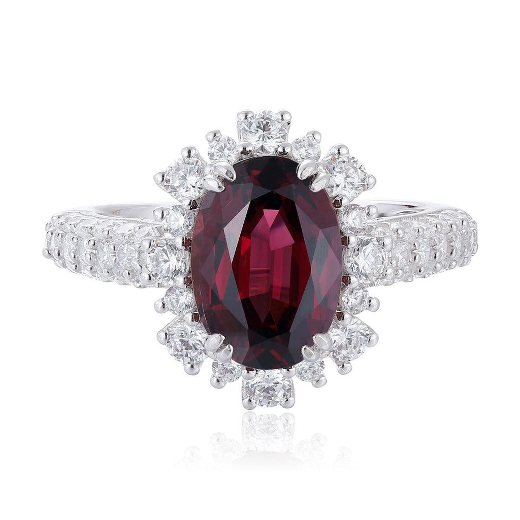 S925 silver ring with opening design. Deep - red natural garnet center, diamond - studded halo, oval shape, adjustable.