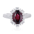 S925 silver ring with opening design. Deep - red natural garnet center, diamond - studded halo, oval shape, adjustable.