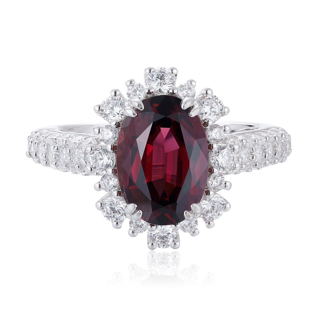 S925 silver ring with opening design. Deep - red natural garnet center, diamond - studded halo, oval shape, adjustable.