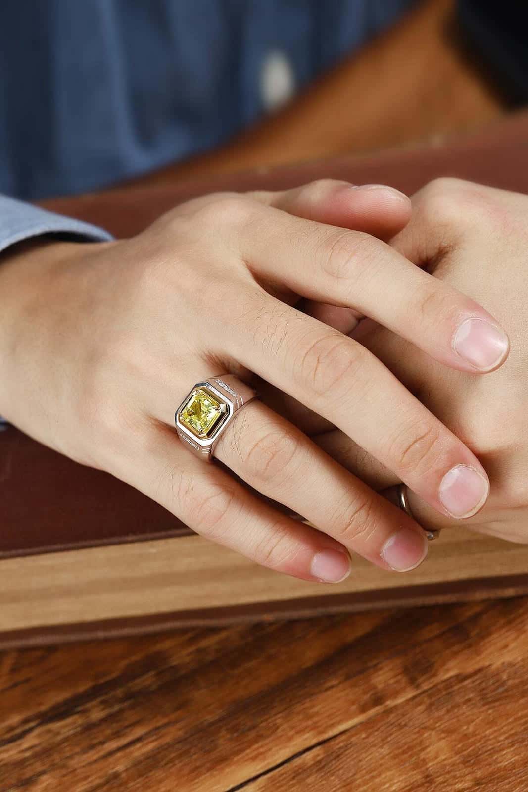 S925 silver ring, solid band design. Shows a gold - set yellow lab - grown gem, square shape, radiant color.