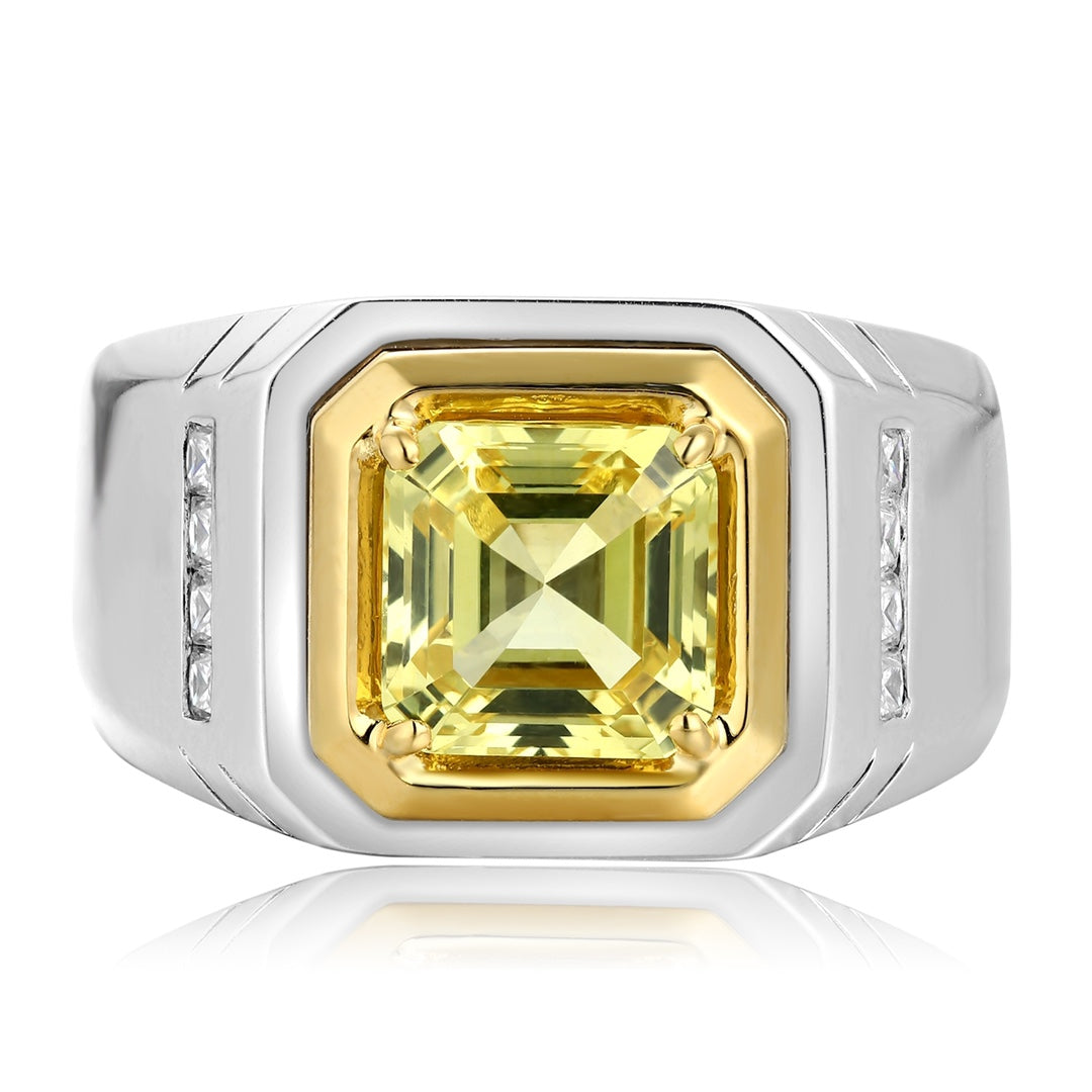 S925 silver ring, sturdy band design. Golden - set yellow lab - grown diamond, square - shaped, brilliant color.