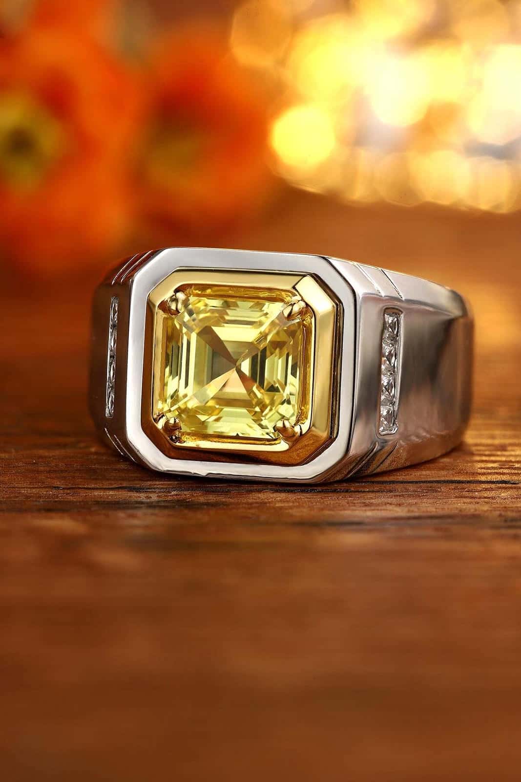 The S925 silver ring boasts a reliable design. Yellow diamond in gold setting on silver, square and eye - catching shape.