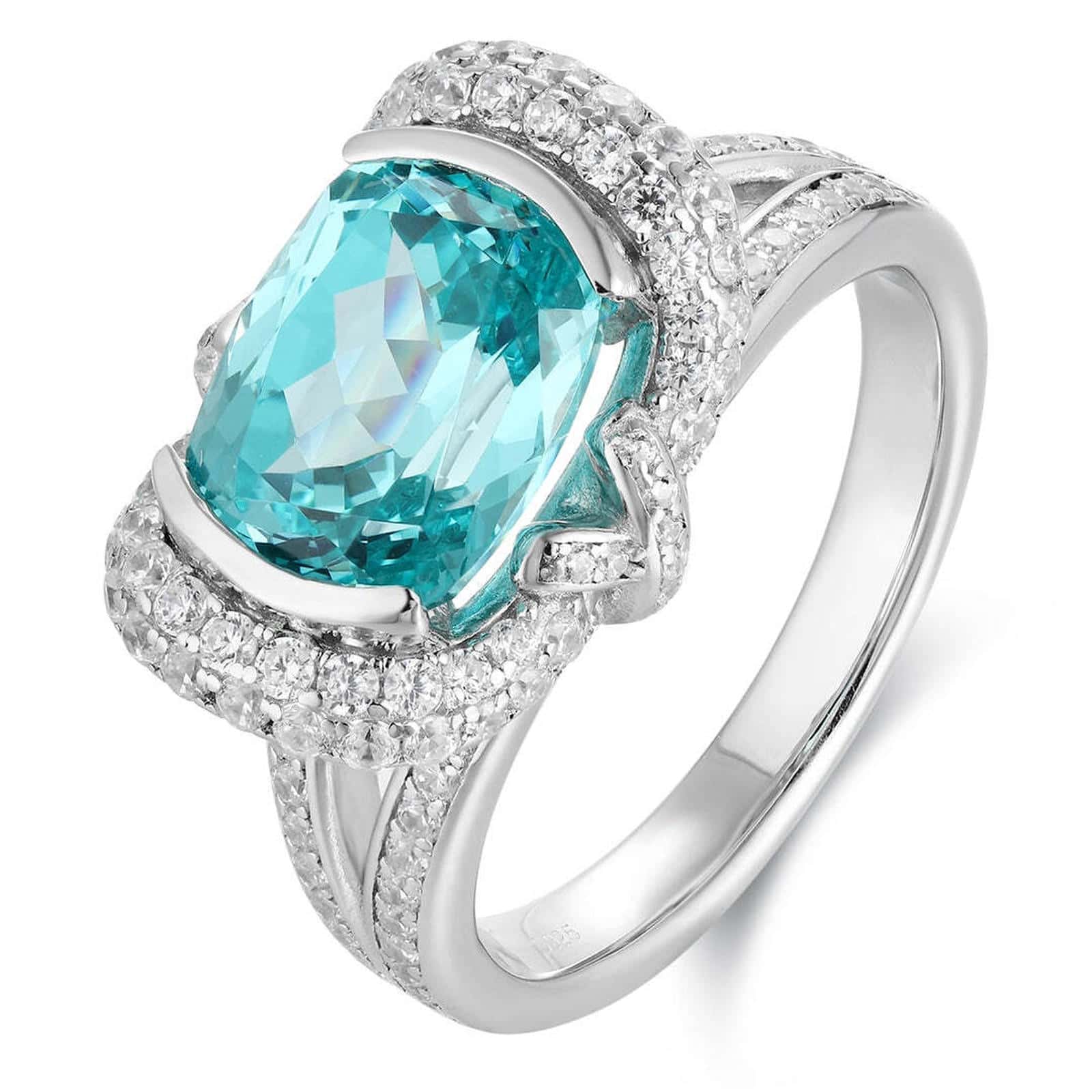 S925 silver ring with opening design. Lab-created Paraiba tourmaline center, surrounded by pave diamonds, turquoise color, ov