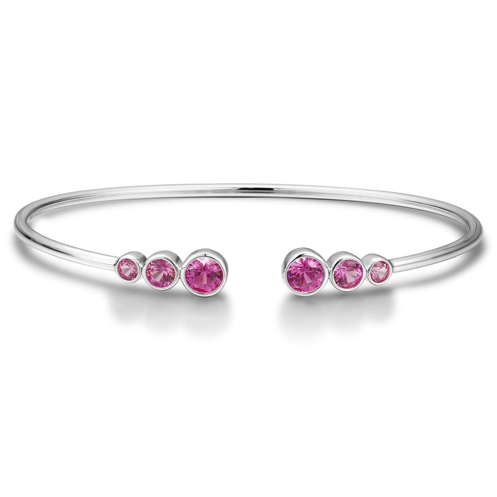 Open cuff bracelet of S925 silver with pink sapphires, round gems, fashionable and easy - to - wear open design.