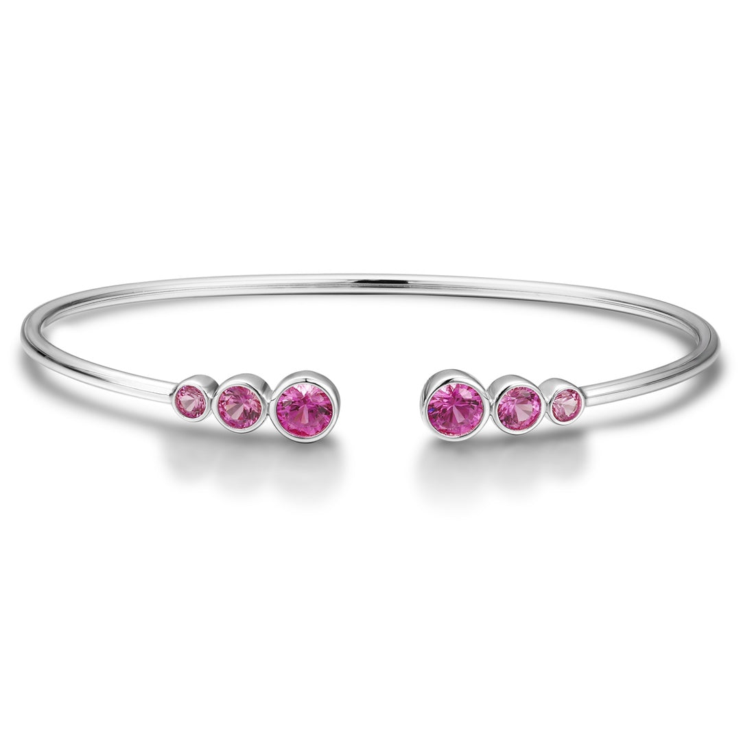 Open cuff bracelet of S925 silver with pink sapphires, round gems, fashionable and easy - to - wear open design.