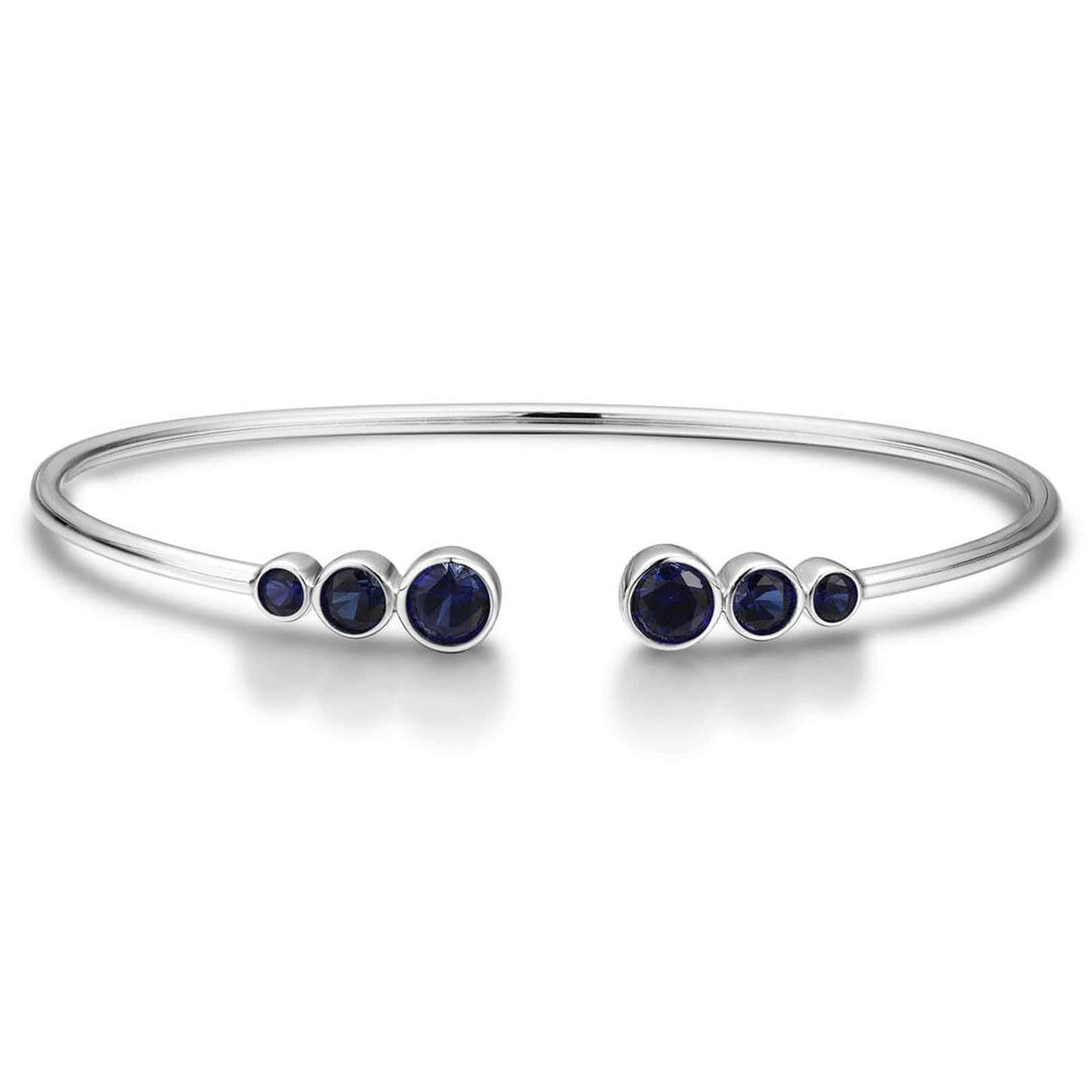 S925 silver open cuff bracelet with deep - blue sapphires, round gems, simple and practical open design.
