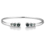 Open cuff bracelet of S925 silver with grey - green sapphires, round gems, open design for comfortable fit.