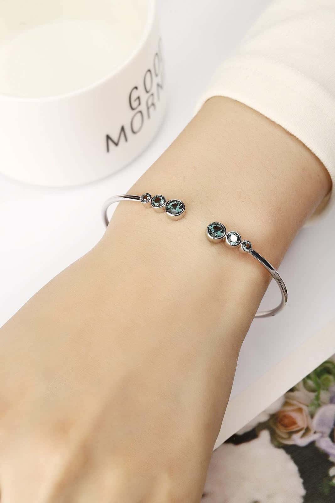 Open Cuff Bracelet in S925 Sterling Silver with Colored Sapphire Mounting | Adjustable Fit | SHANA LUX 