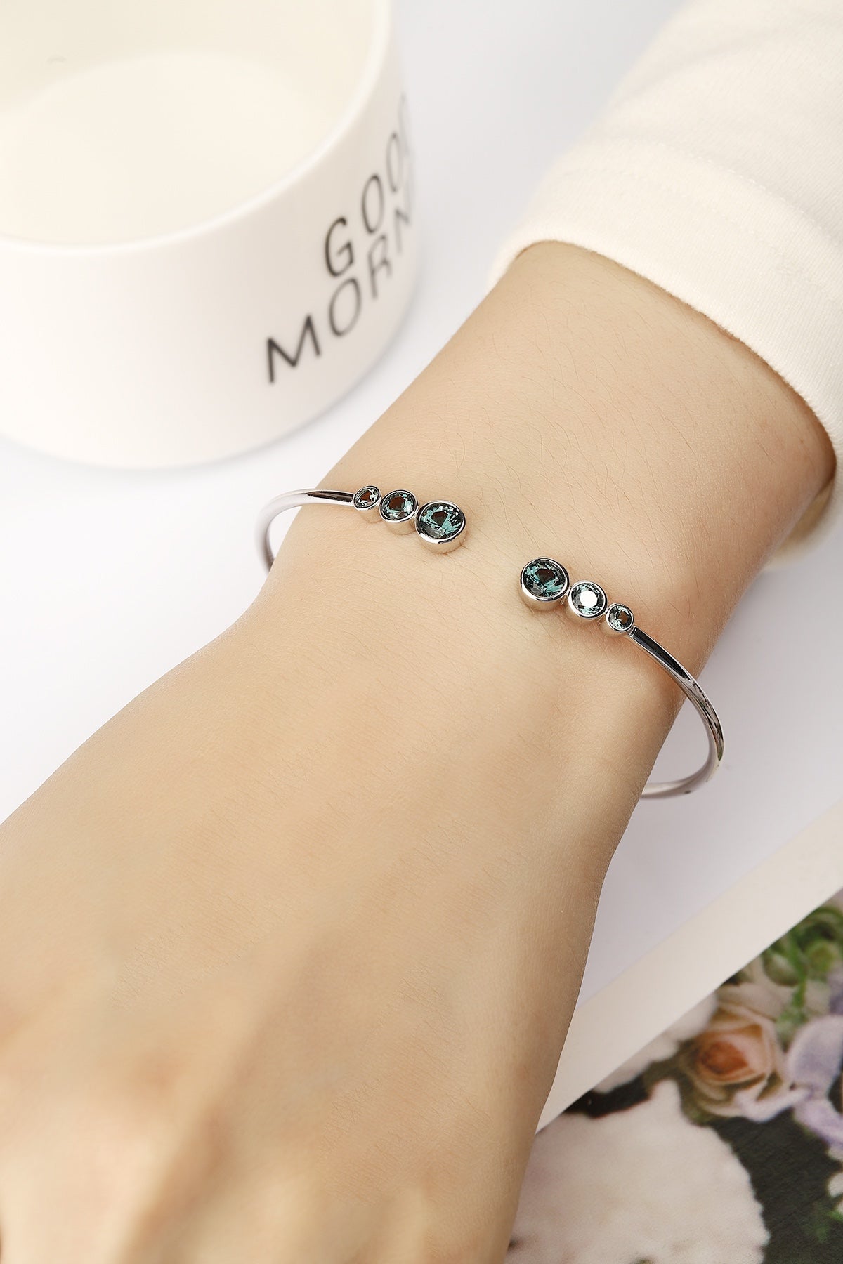 Open Cuff Bracelet in S925 Sterling Silver with Colored Sapphire Mounting | Adjustable Fit | SHANA LUX 