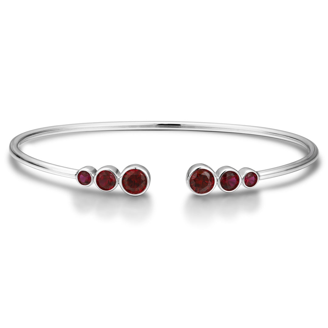 S925 silver open cuff bracelet with red sapphires, round gems, simple and generous open design.
