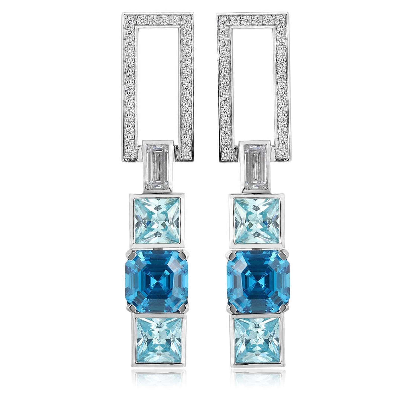 S925 silver earrings, secure clasp. Rectangular frame with diamonds, paired with square blue lab-grown diamonds, geometric sh