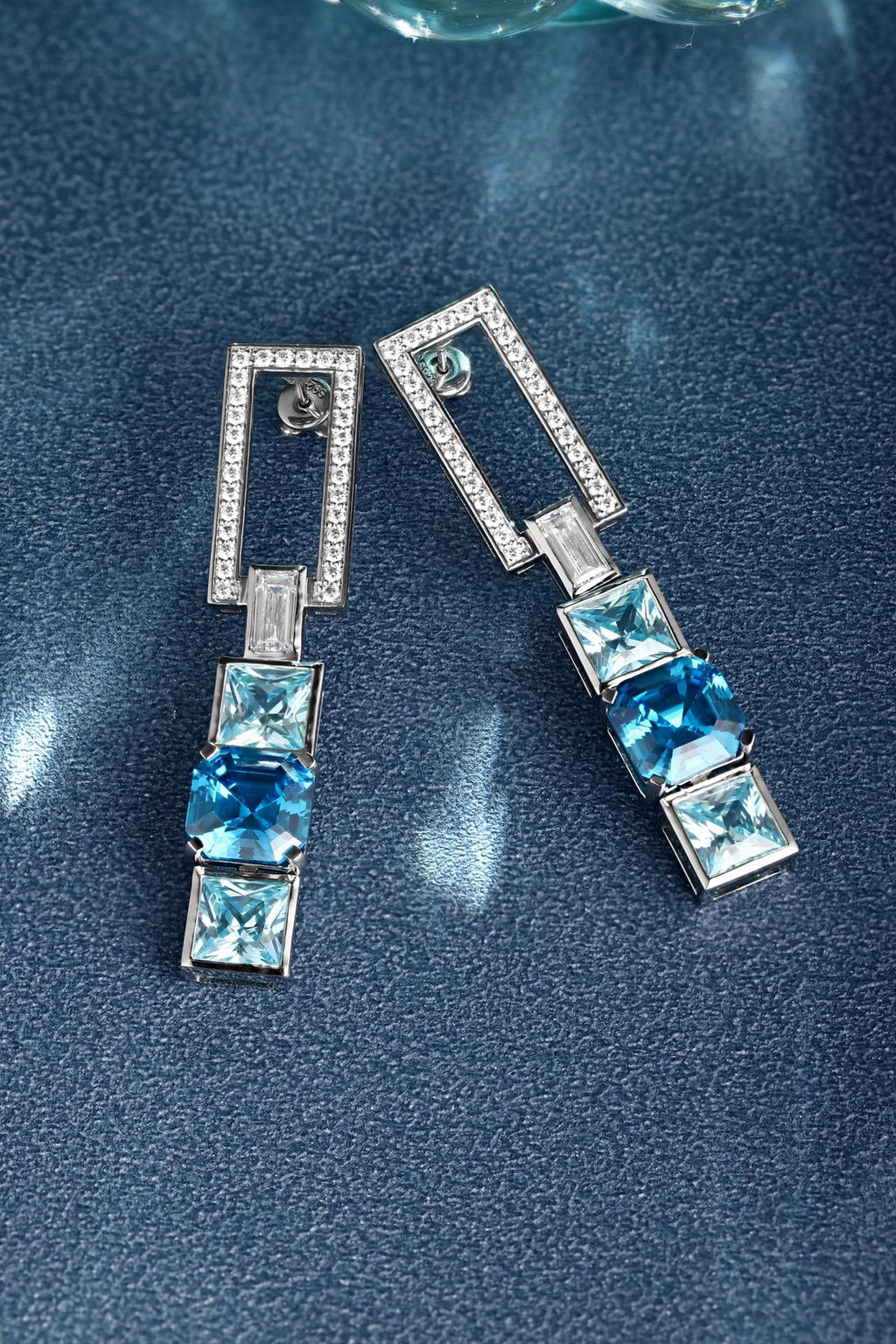 S925 silver earrings, well-made clasp. Feature diamond rectangles and square blue lab-grown diamonds, sleek geometric shape.