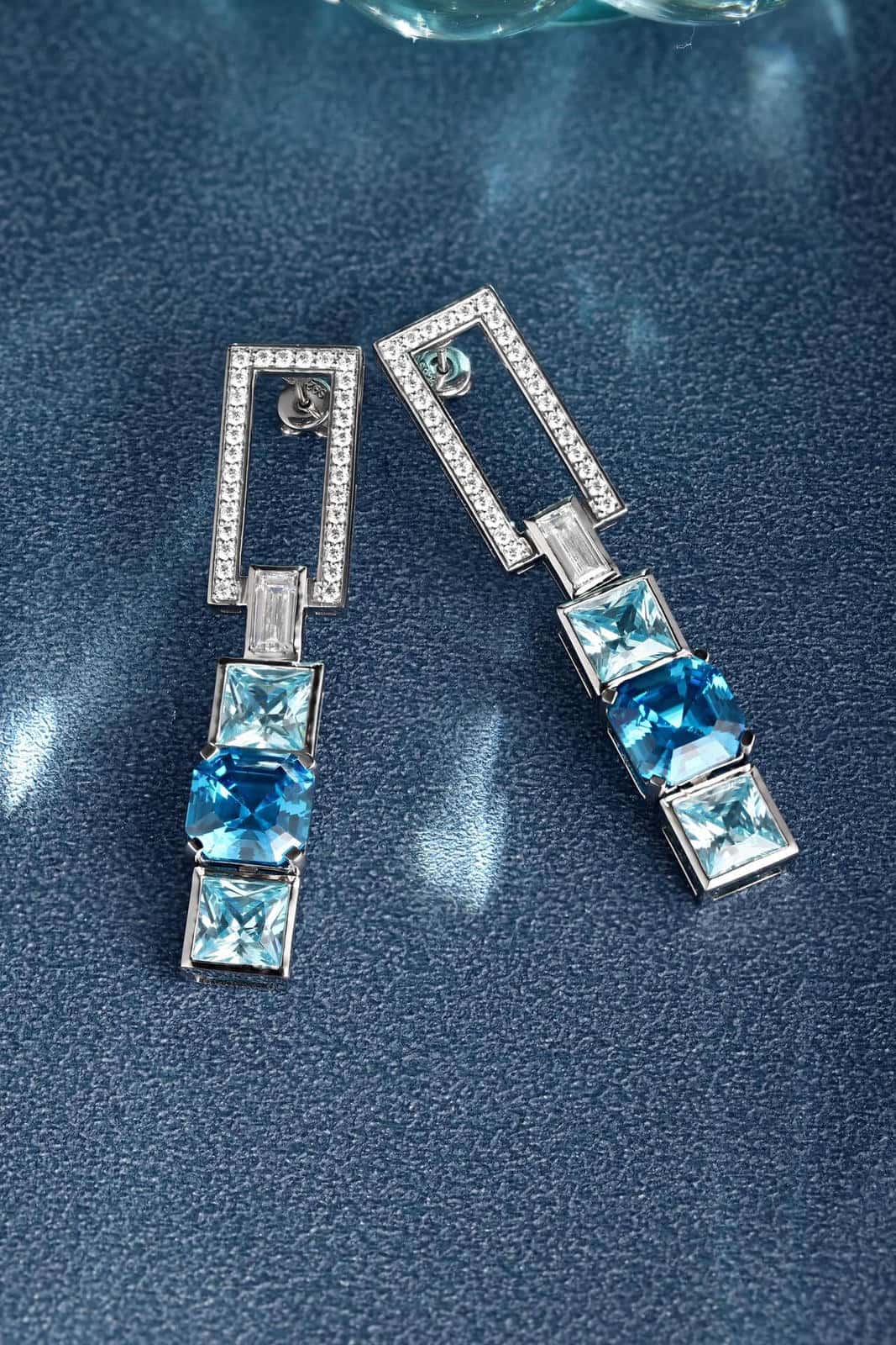 S925 silver earrings, well-made clasp. Feature diamond rectangles and square blue lab-grown diamonds, sleek geometric shape.