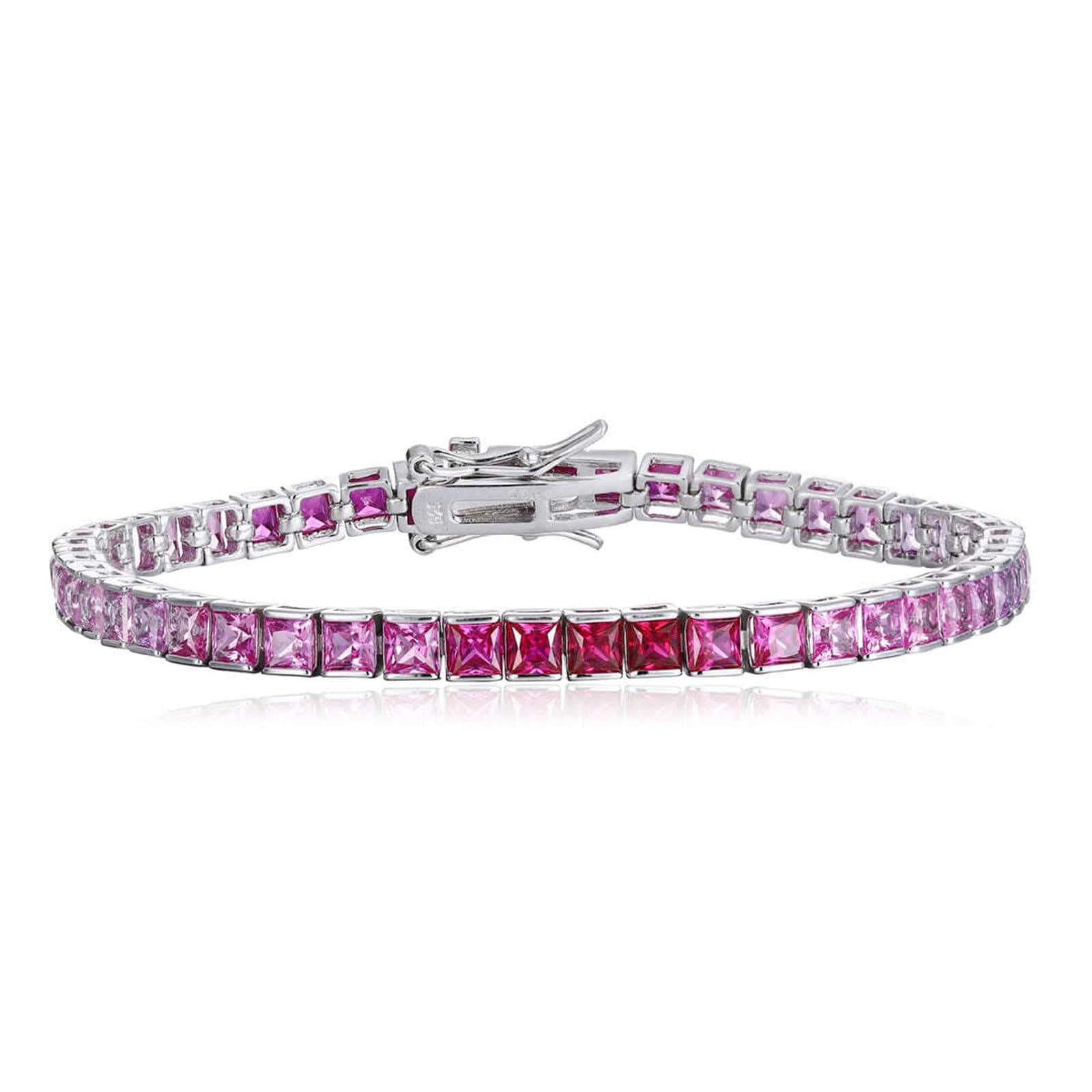 This bracelet is made of S925 silver with a smart and secure clasp design. Lab-grown colored sapphires show charming pink-pur