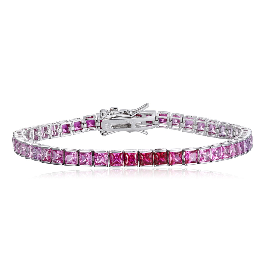 This bracelet is made of S925 silver with a smart and secure clasp design. Lab-grown colored sapphires show charming pink-pur
