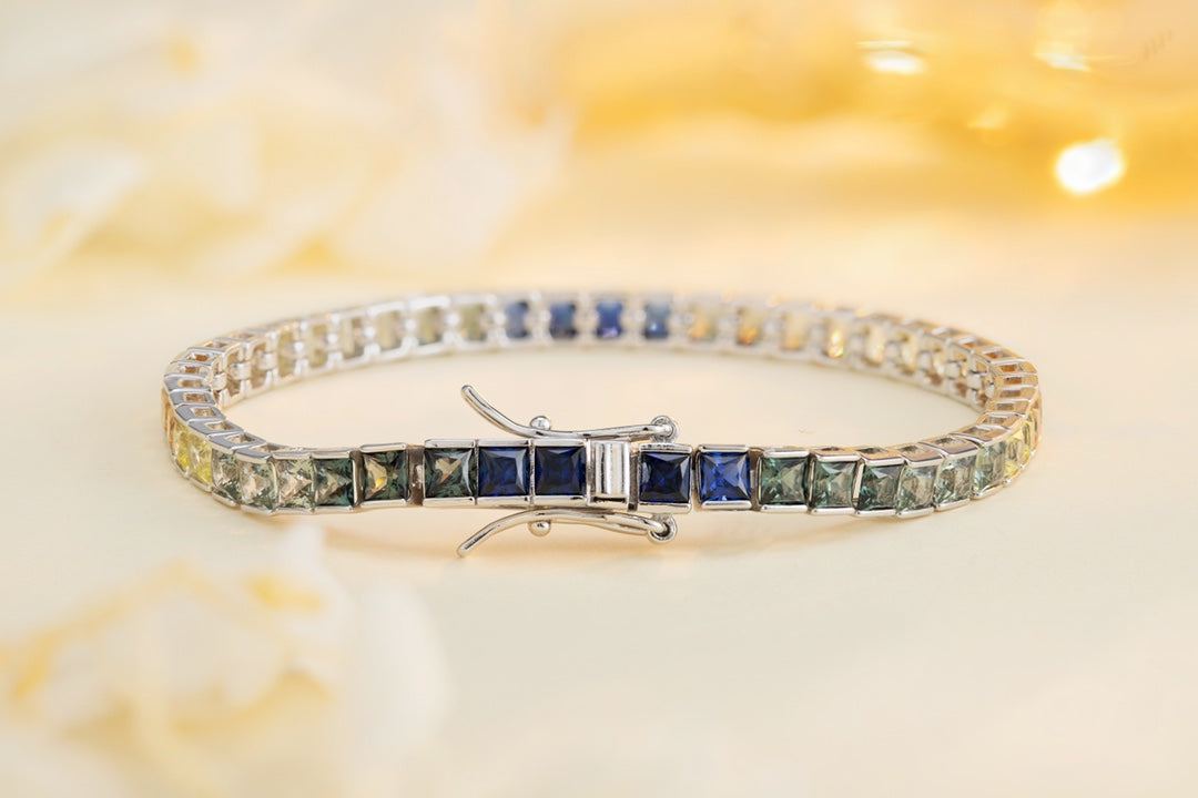 Lab-grown colored sapphires are inlaid on it, with a riot of colors as if the rainbow has been picked down, scoring full mark