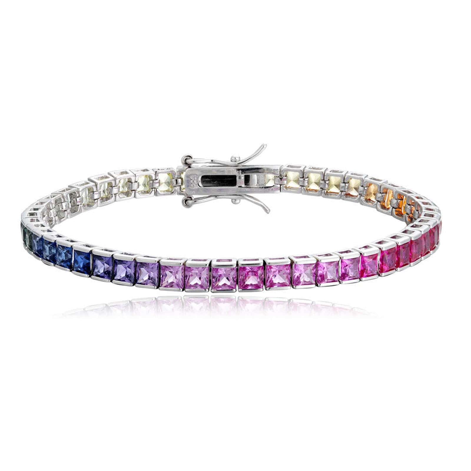 The 925 silver bracelet with a simple clasp, square colored sapphires arranged in gradient, the multicolored luster is very e