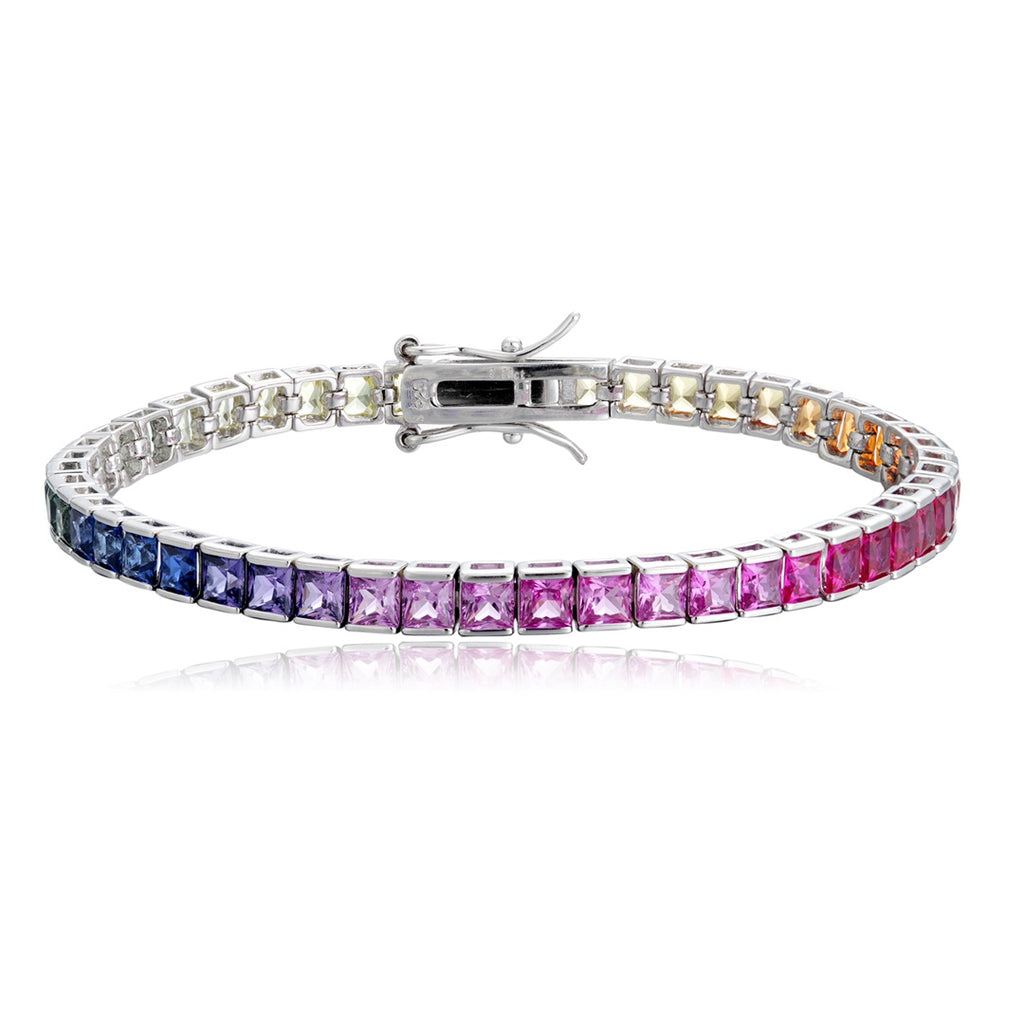 The 925 silver bracelet with a simple clasp, square colored sapphires arranged in gradient, the multicolored luster is very e