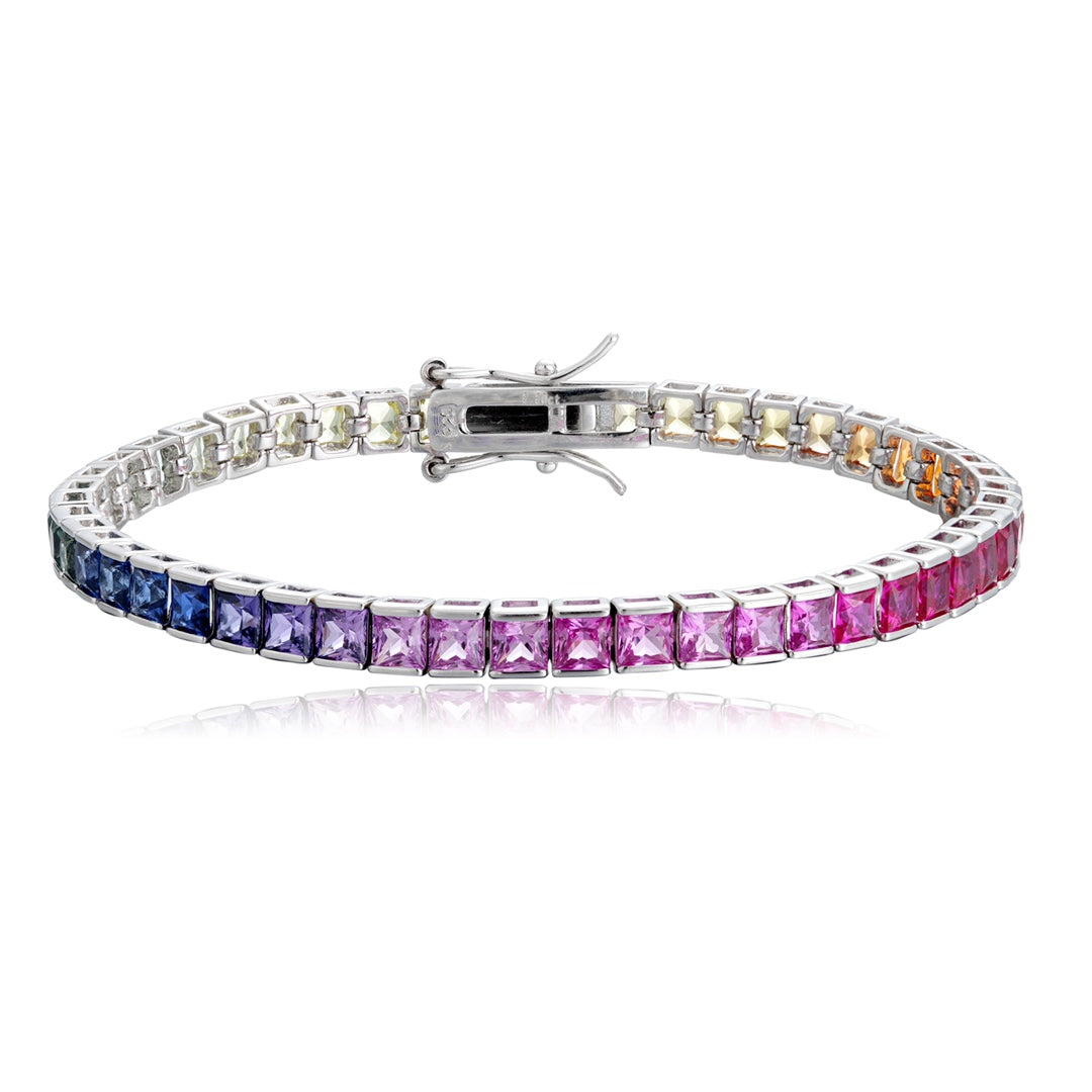 The 925 silver bracelet with a simple clasp, square colored sapphires arranged in gradient, the multicolored luster is very e