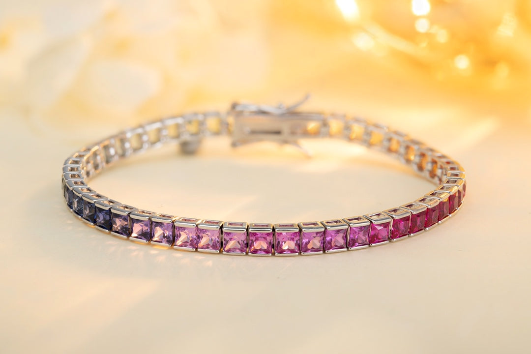 925 silver with a practical clasp, the bracelet has square links inlaid with colored sapphires, rich in colors and fashionabl