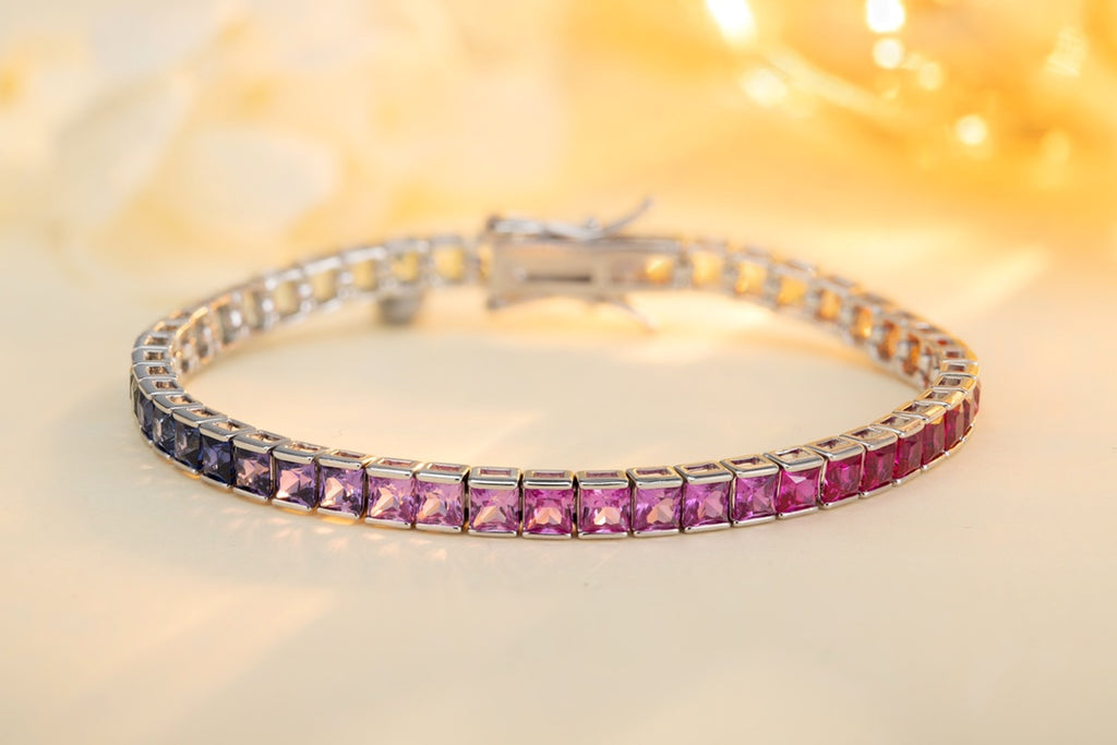 925 silver with a practical clasp, the bracelet has square links inlaid with colored sapphires, rich in colors and fashionabl