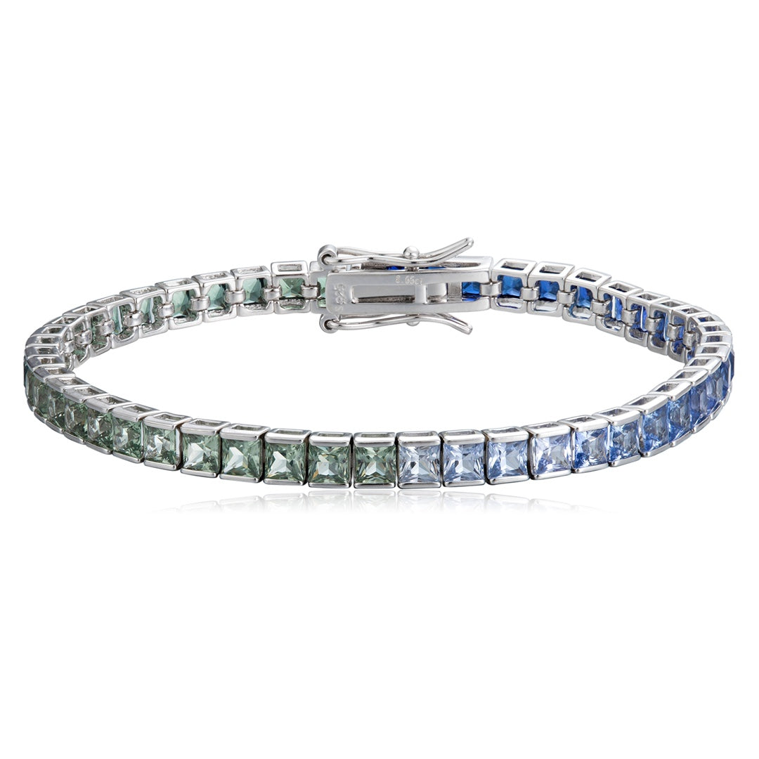The 925 silver bracelet with a simple clasp, arranged with square colored sapphires, the blue-green gradient colors are fresh