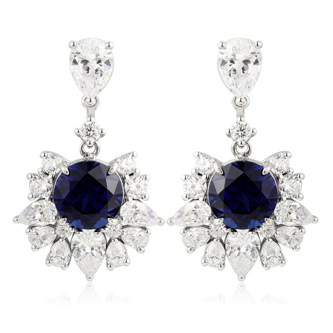 These stud earrings are made of S925 silver with delicate and secure clasps. The lab-grown sapphire main stones in deep royal