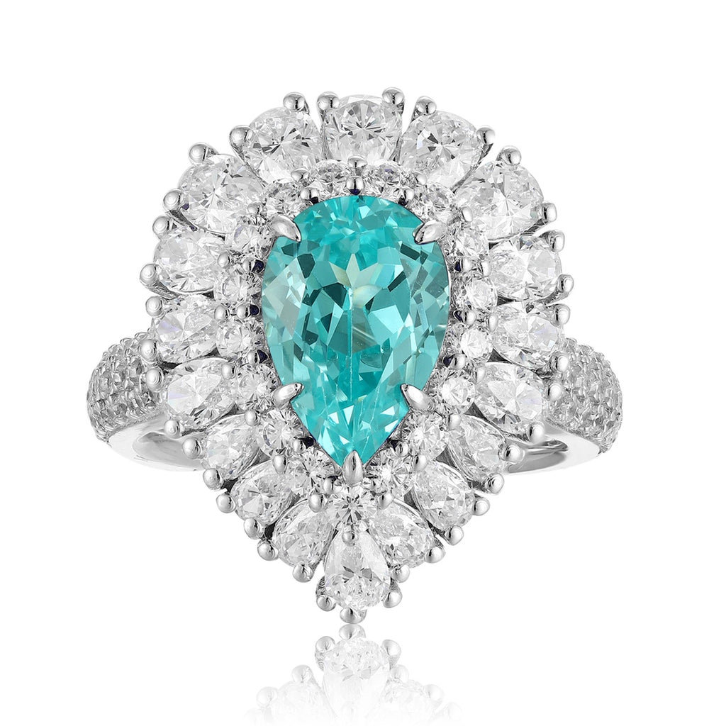 S925 silver ring, no opening (integrated design). Round electric blue lab - grown Paraiba encircled by diamond halo.