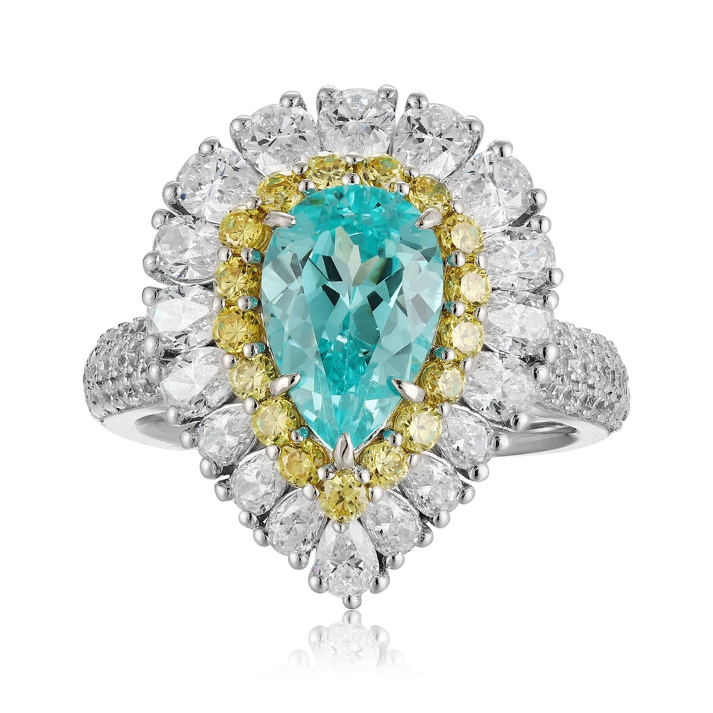 S925 silver ring, no opening. Pear - shaped electric blue lab - grown Paraiba with yellow diamond accents and diamond halo, e